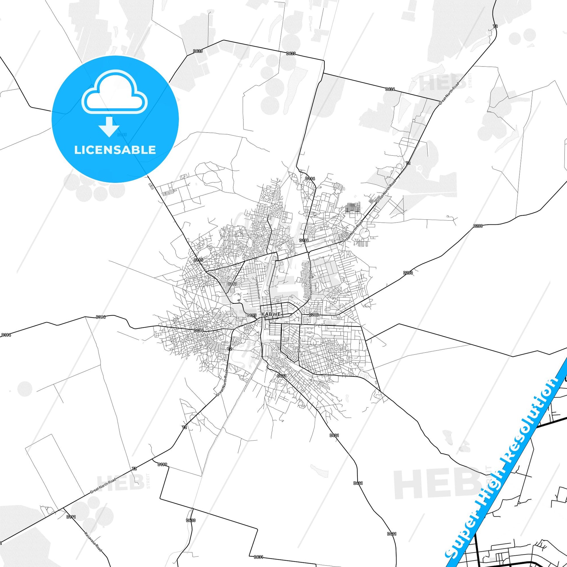 Kabwe, Zambia light map with streetnames, citynames and districts