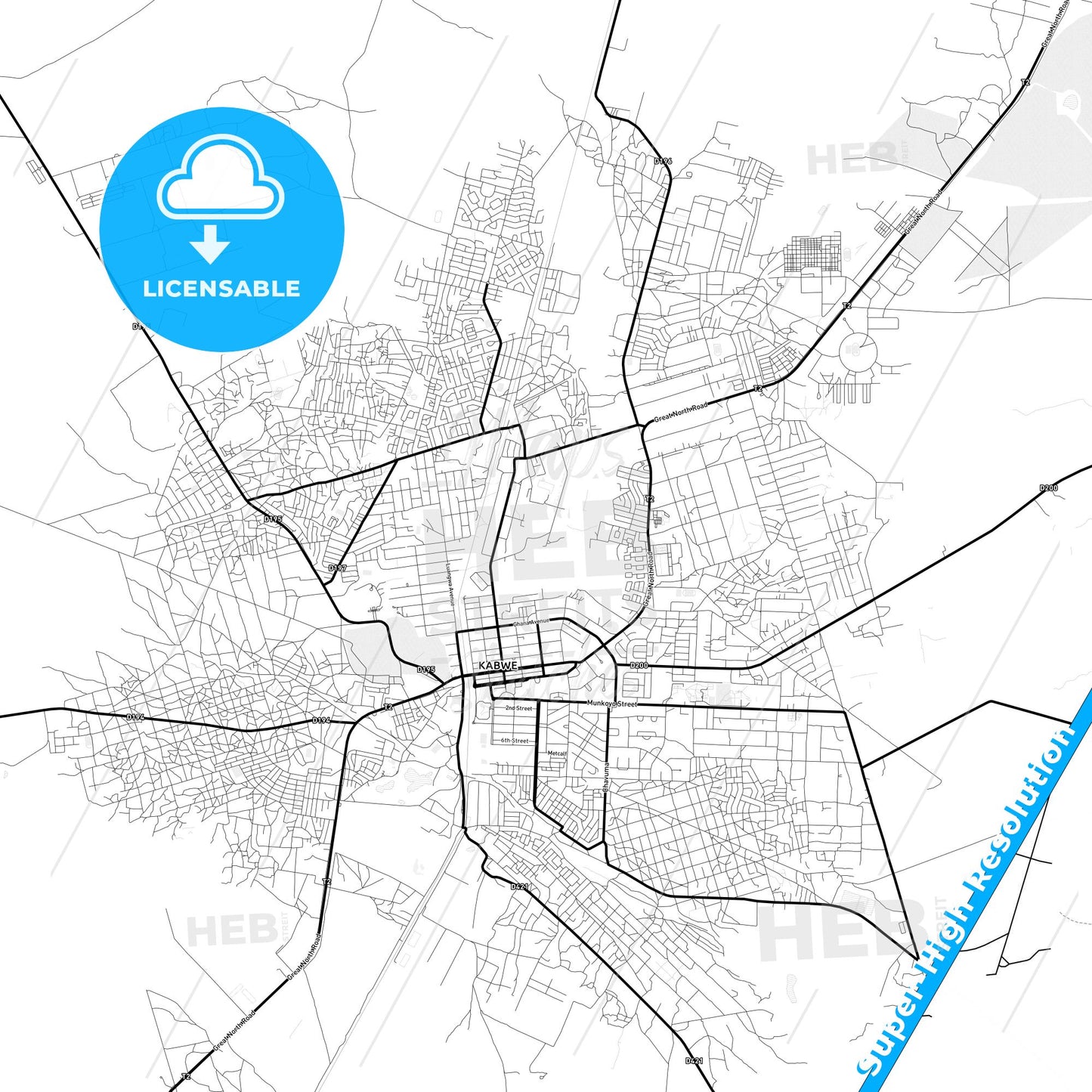Kabwe, Zambia Light Map with Street Names, City Names, and Districts