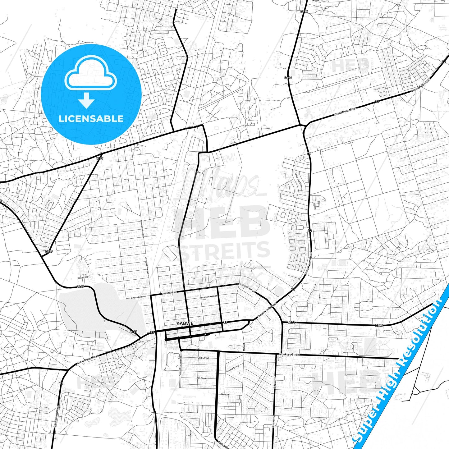 Kabwe, Zambia Light Map with Street Names, City Names, and Districts