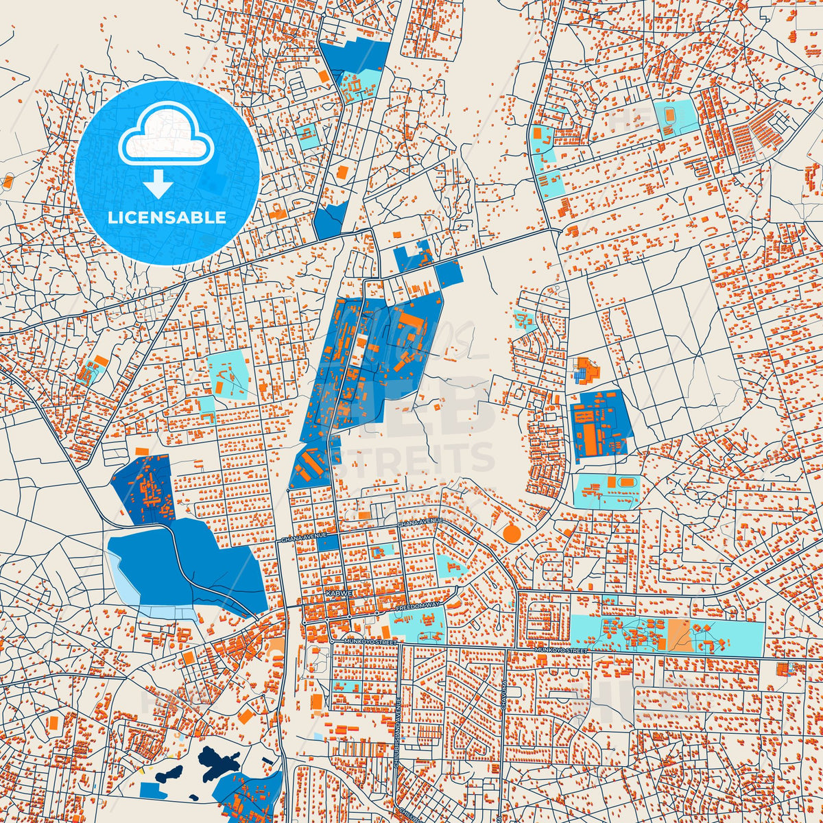 Colorful Kabwe Street Map with Labels and Buildings