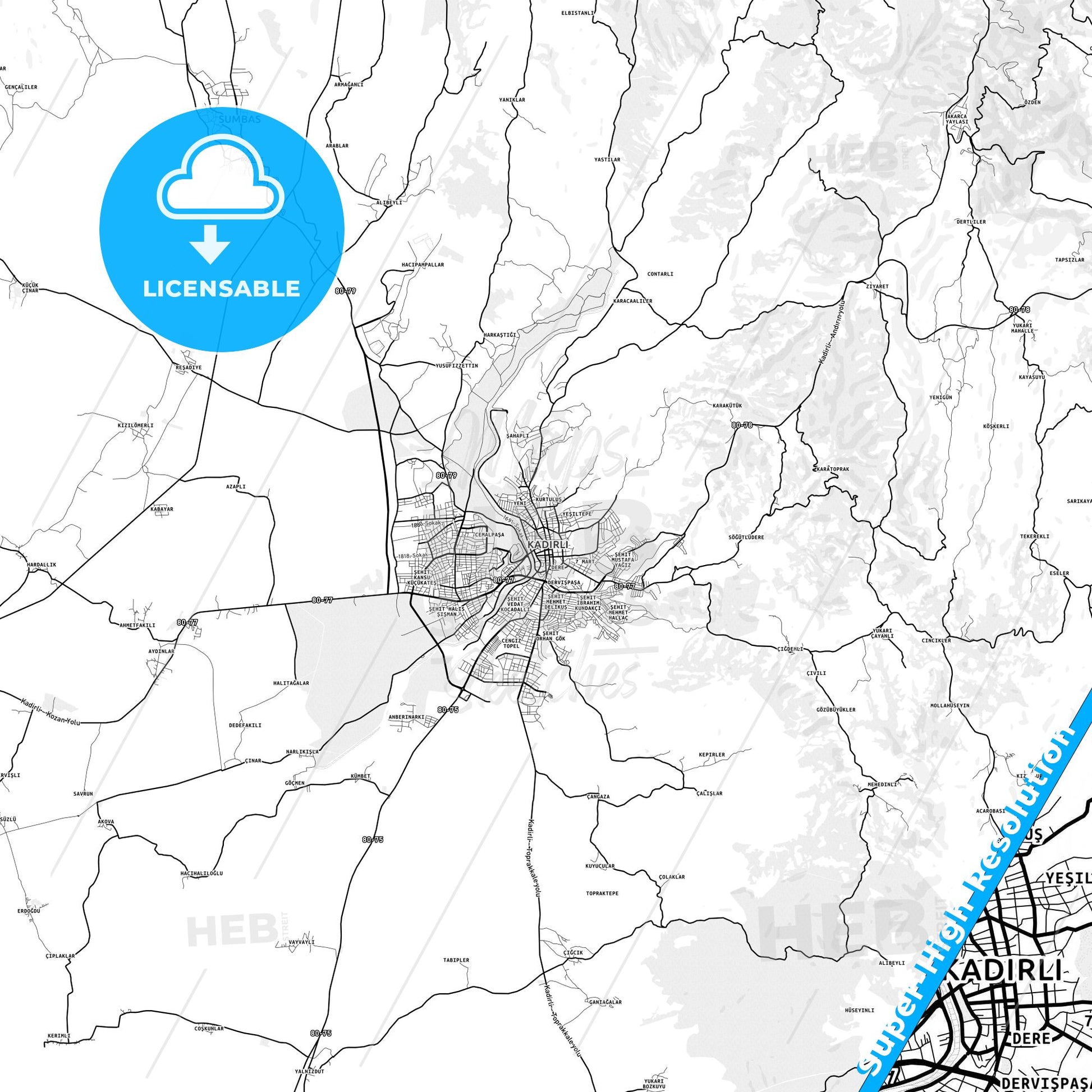 Kadirli, Turkey light map with streetnames, citynames and districts