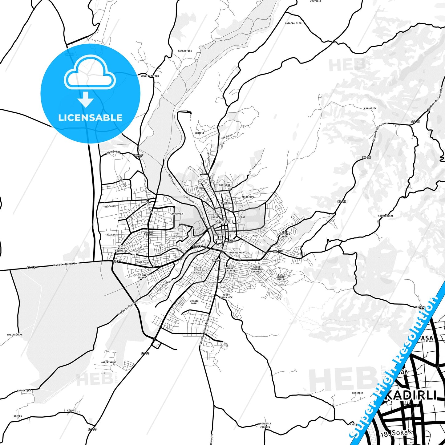 Kadirli, Turkey Light Map with Street Names, City Names, and Districts