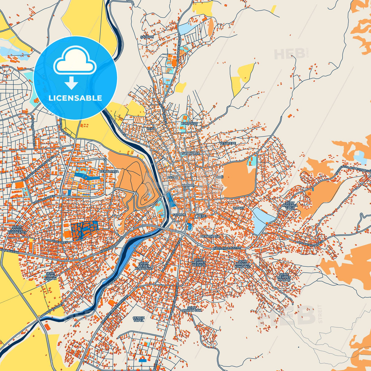 Colorful Kadirli Street Map with Labels and Buildings