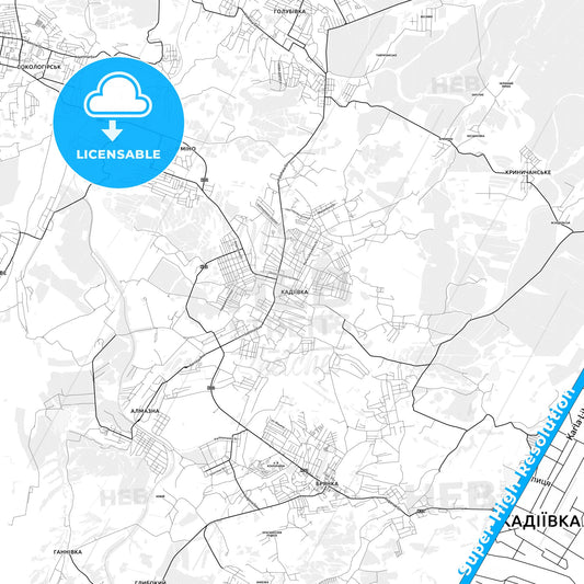 Kadiyivka, Ukraine light map with streetnames, citynames and districts