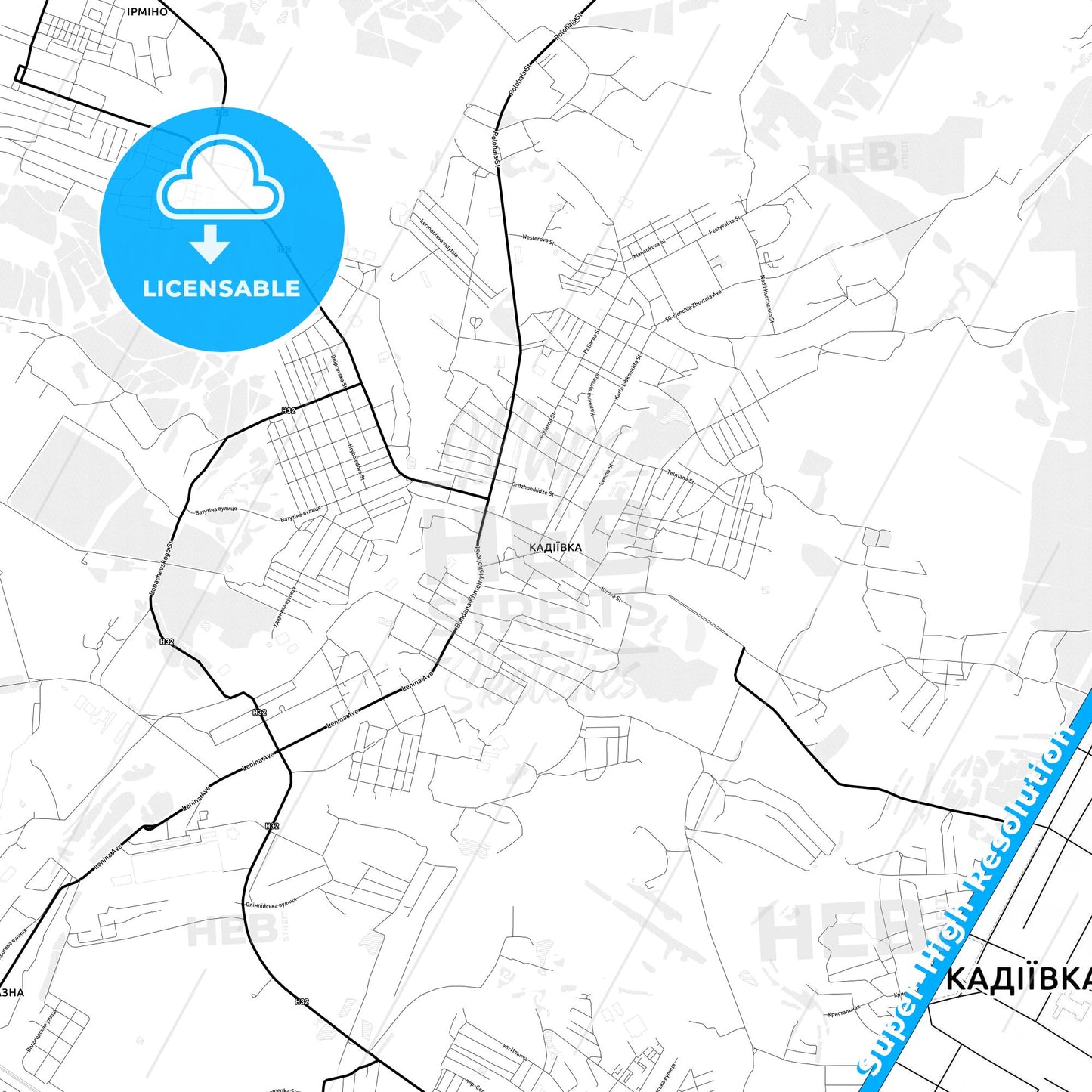 Kadiyivka, Ukraine Light Map with Street Names, City Names, and Districts