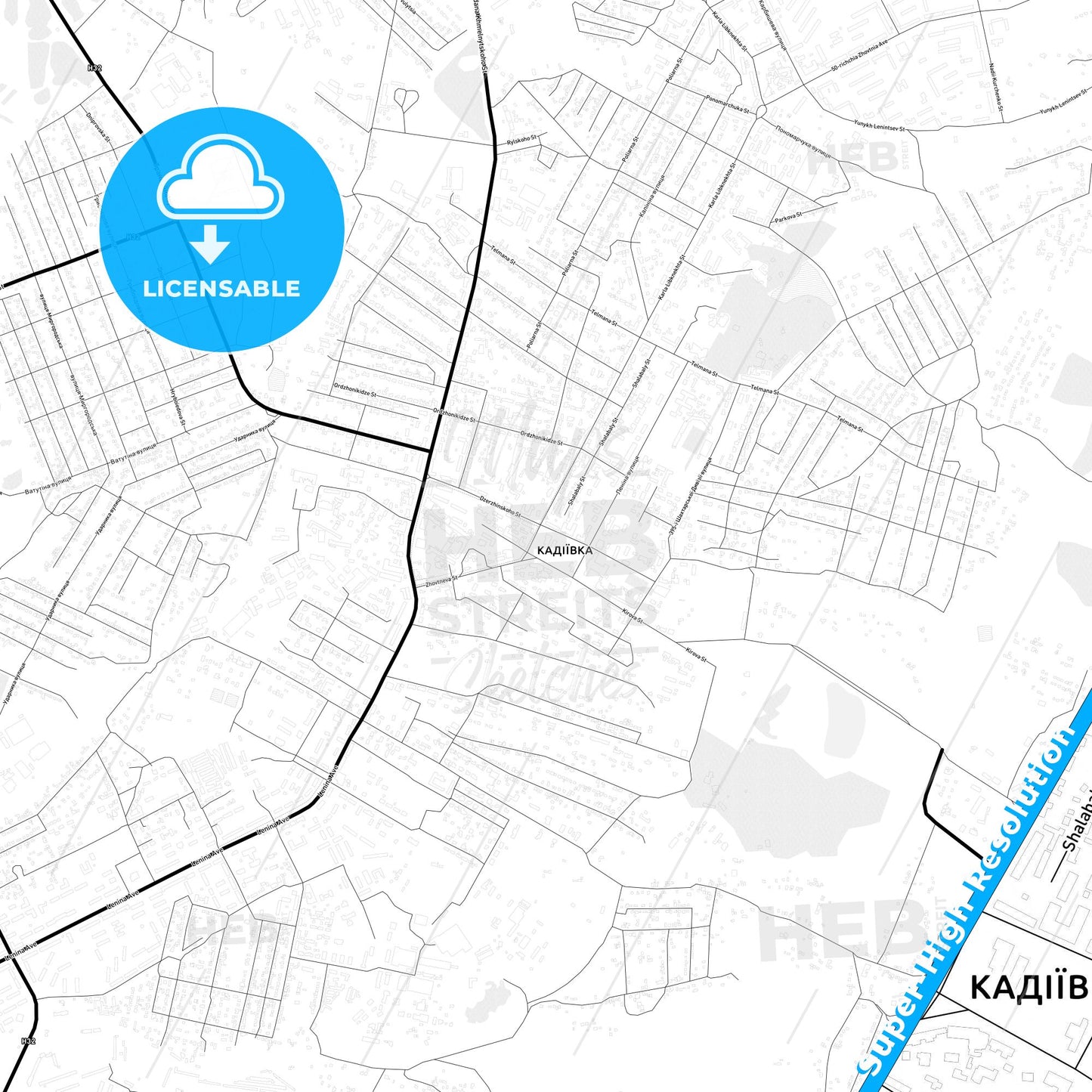 Kadiyivka, Ukraine Light Map with Street Names, City Names, and Districts