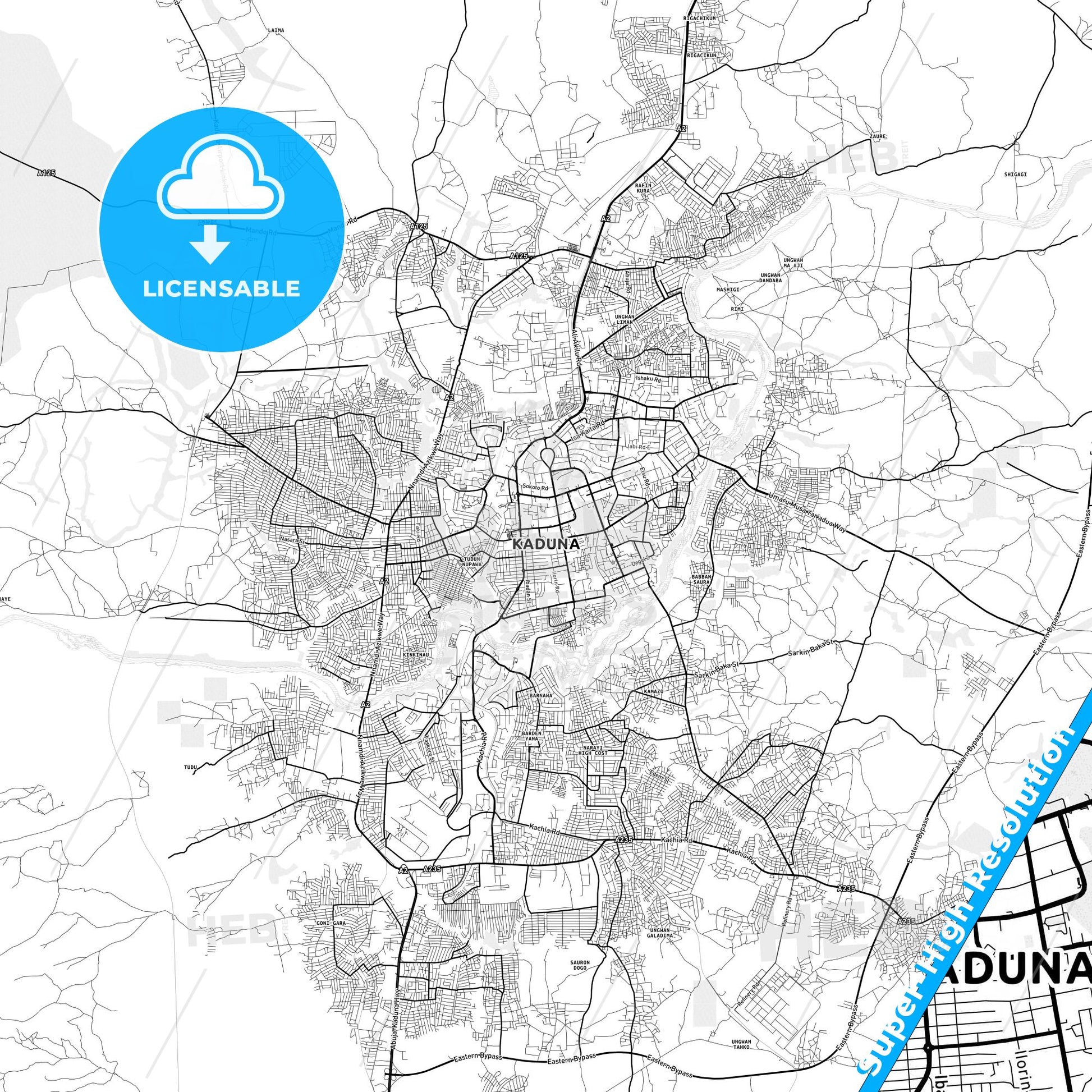 Kaduna, Nigeria light map with streetnames, citynames and districts