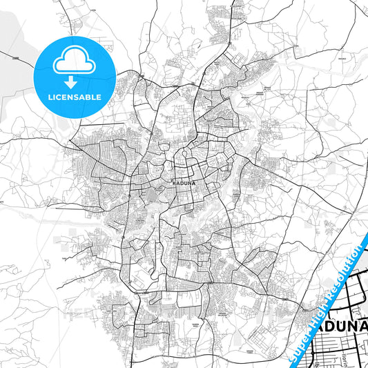 Kaduna, Nigeria light map with streetnames, citynames and districts