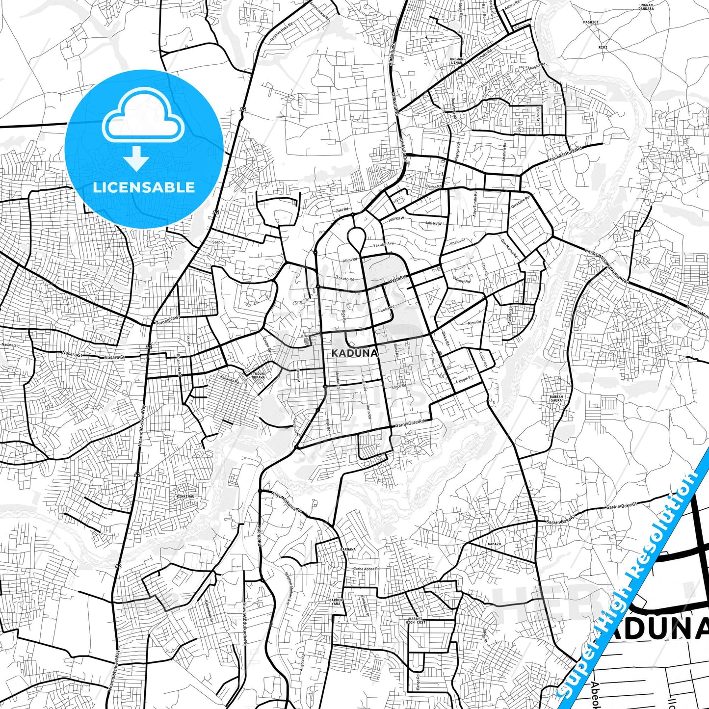 Kaduna, Nigeria Light Map with Street Names, City Names, and Districts