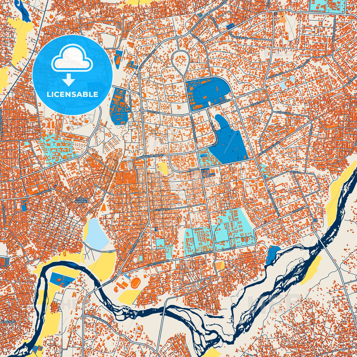 Colorful Kaduna Street Map with Labels and Buildings