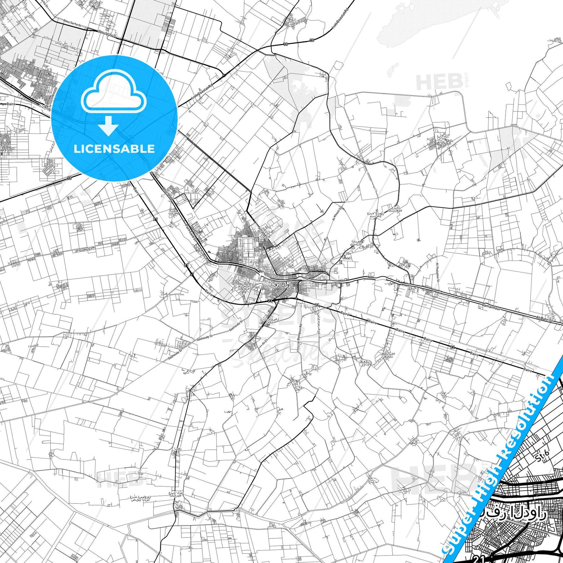 Kafr ad Dawwar, Egypt light map with streetnames, citynames and districts