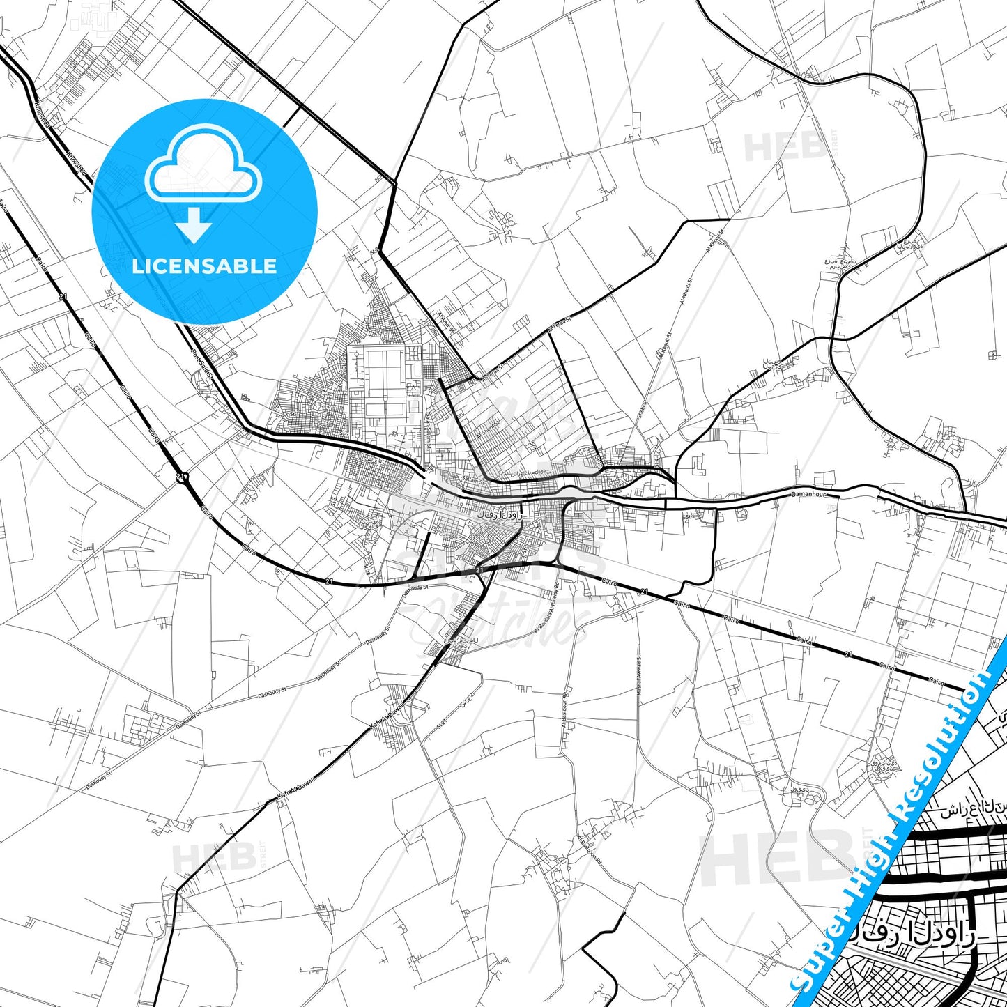 Kafr ad Dawwar, Egypt Light Map with Street Names, City Names, and Districts