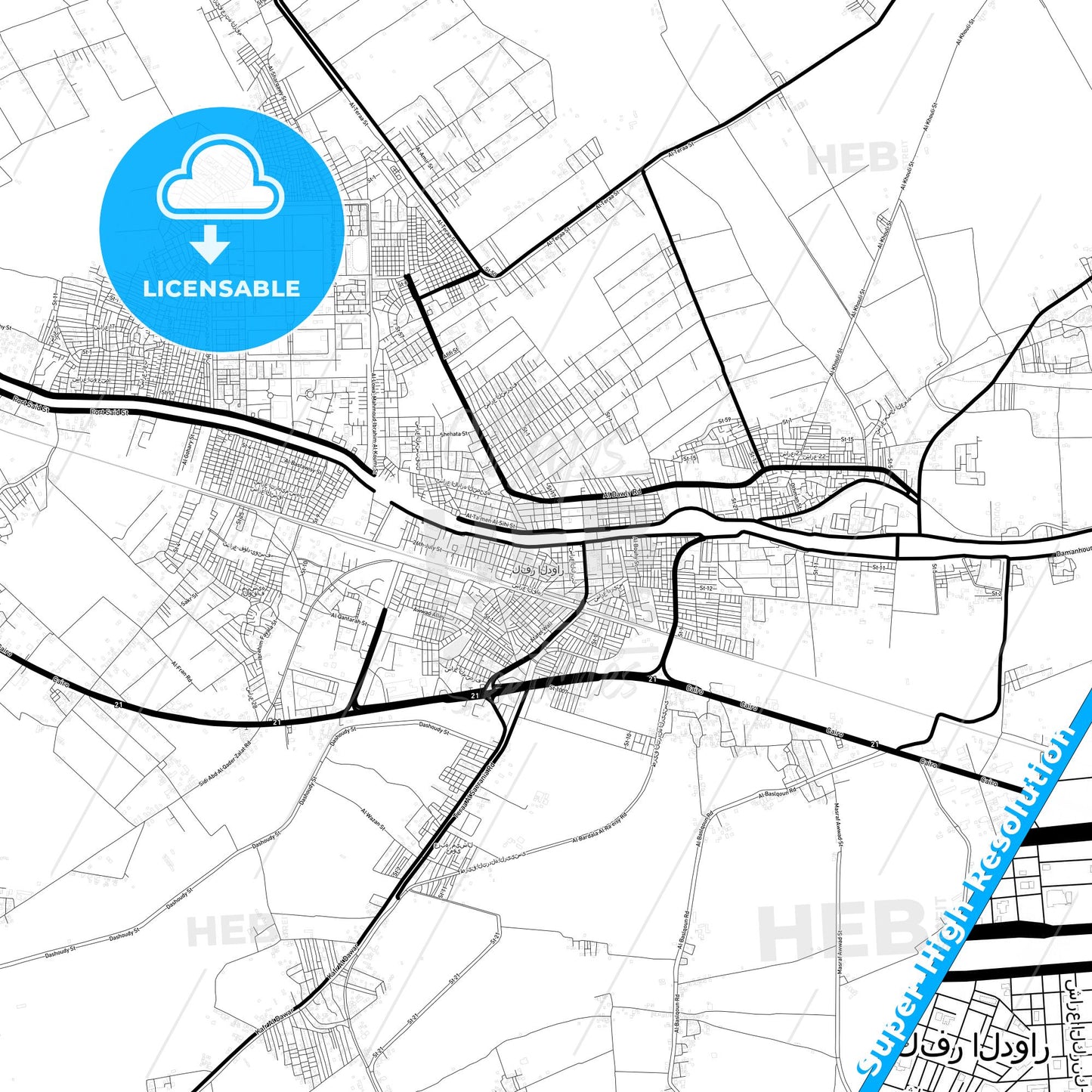Kafr ad Dawwar, Egypt Light Map with Street Names, City Names, and Districts