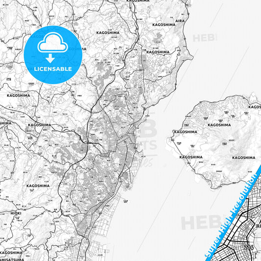 Kagoshima, Japan light map with streetnames, citynames and districts