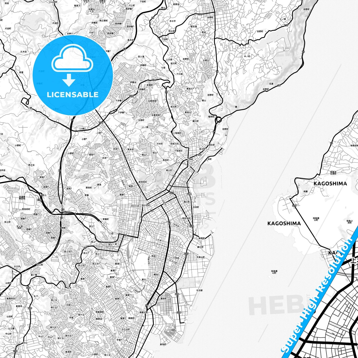 Kagoshima, Japan Light Map with Street Names, City Names, and Districts