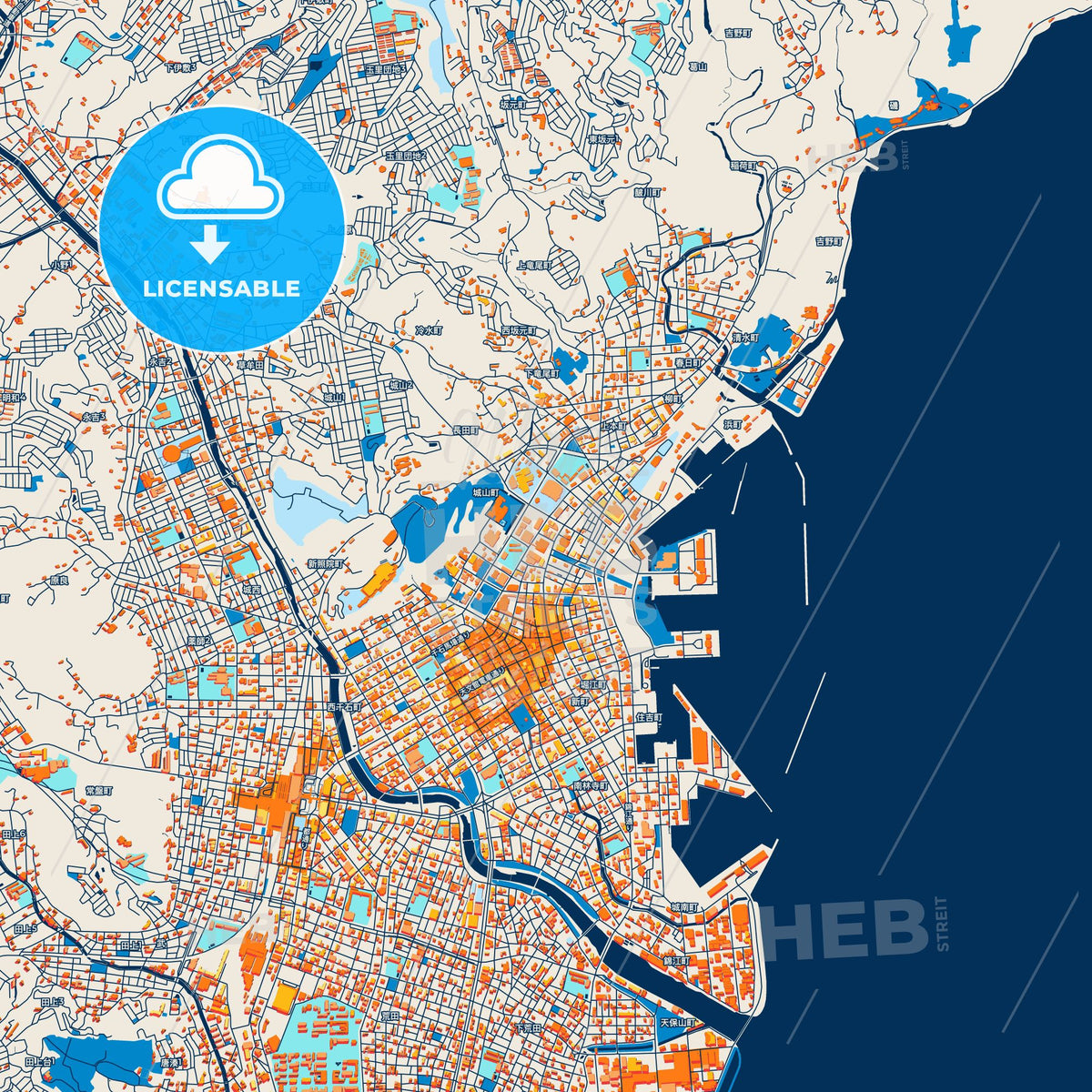 Colorful Kagoshima Street Map with Labels and Buildings
