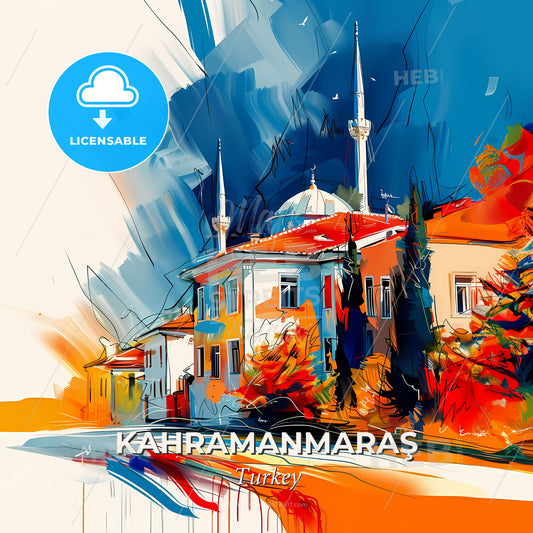Vibrant Kahramanmaraş, Turkey - A Painting Of A Building With A Dome And Trees - Square format print template