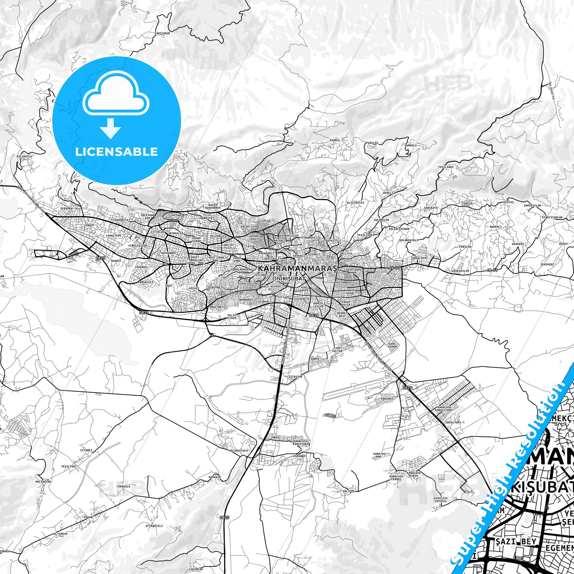 Kahramanmaraş, Turkey light map with streetnames, citynames and districts