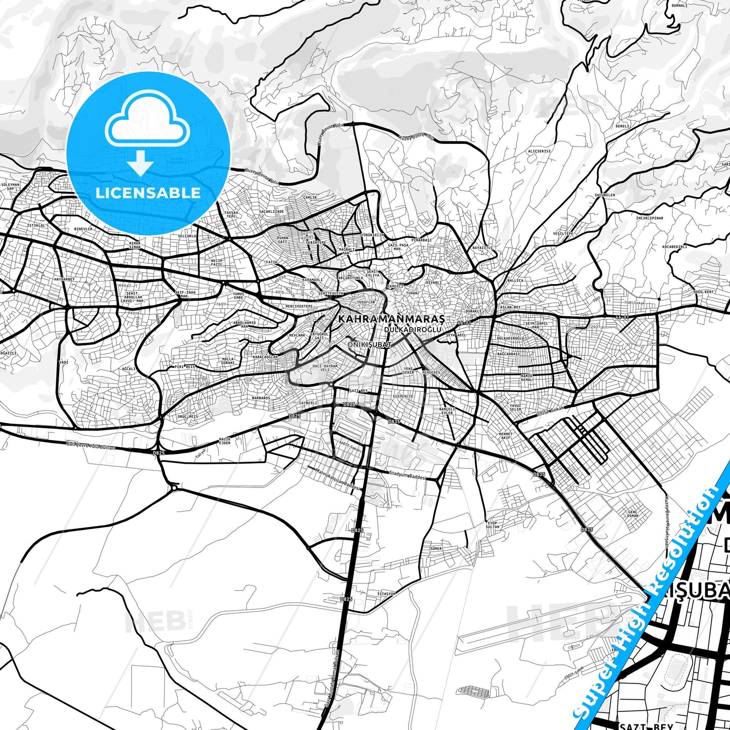 Kahramanmaraş, Turkey Light Map with Street Names, City Names, and Districts
