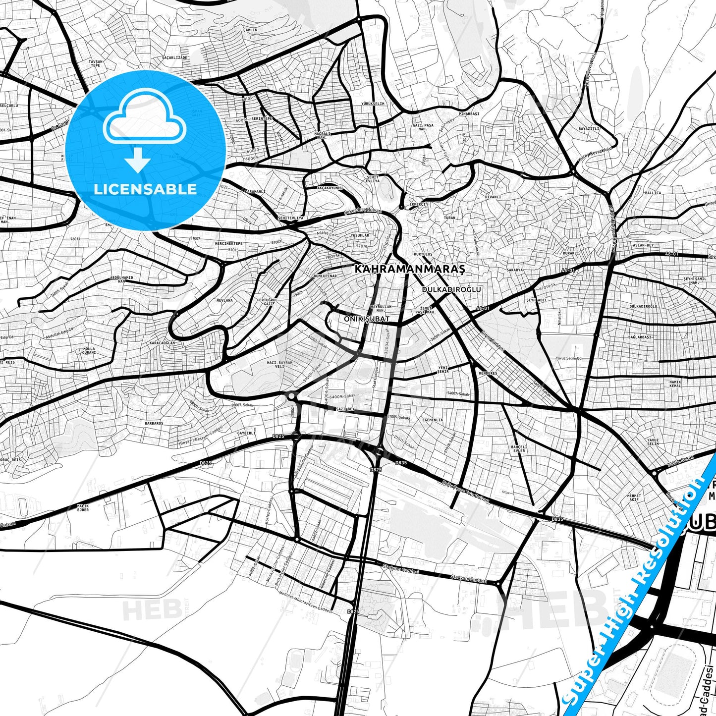 Kahramanmaraş, Turkey Light Map with Street Names, City Names, and Districts