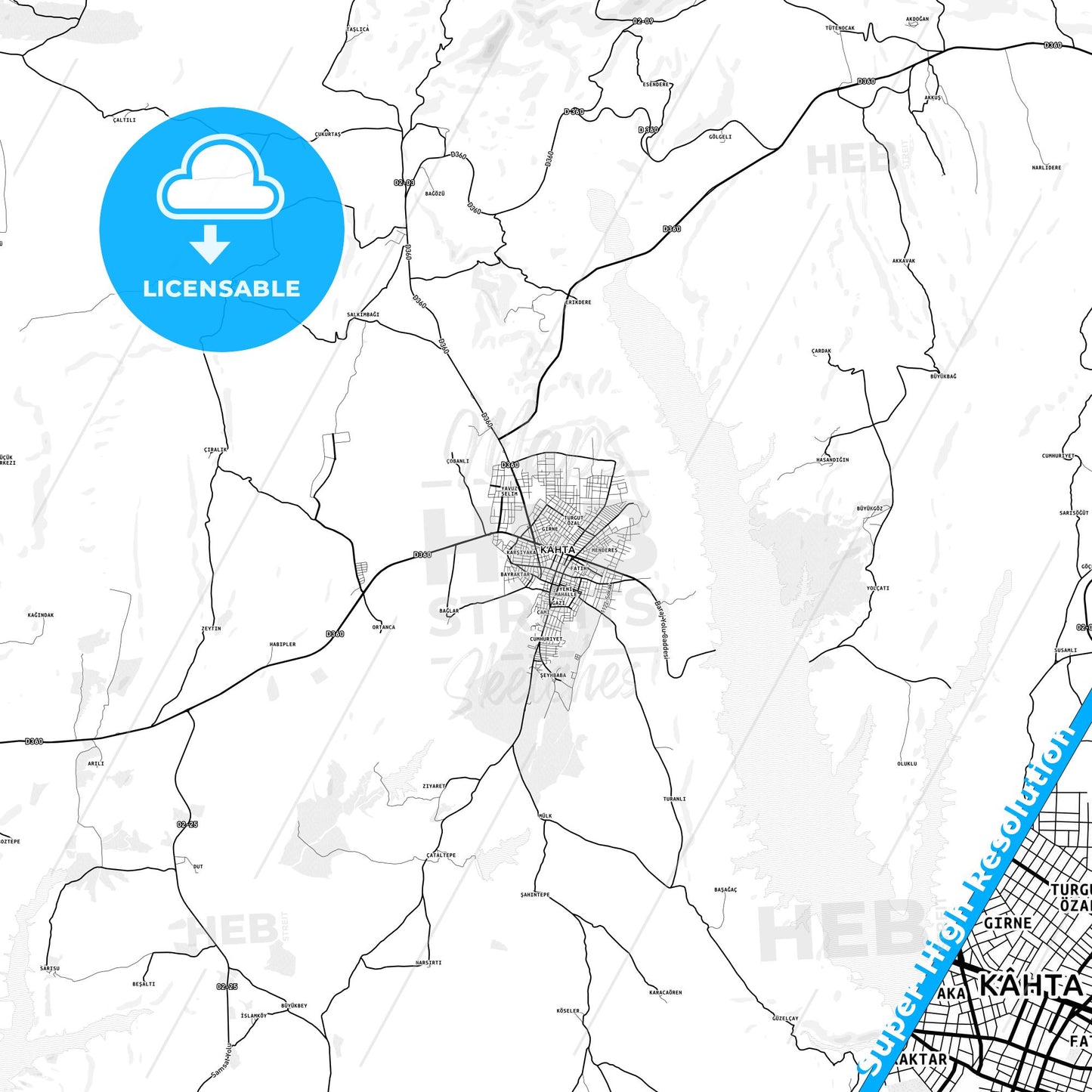 Kahta, Turkey light map with streetnames, citynames and districts