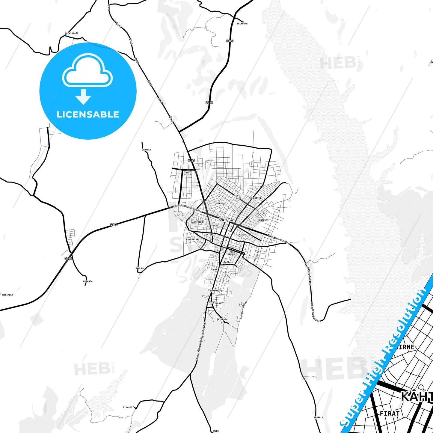 Kahta, Turkey Light Map with Street Names, City Names, and Districts