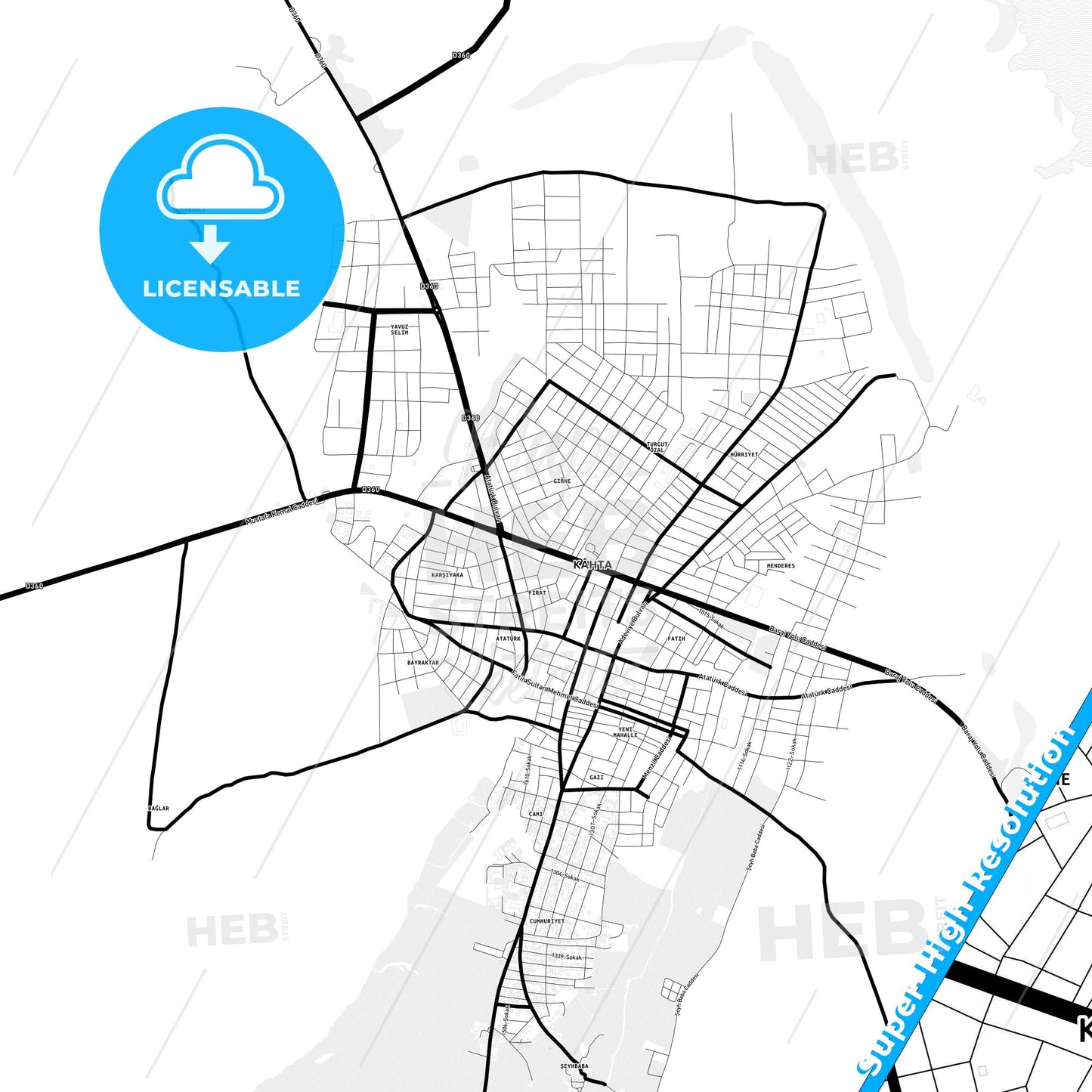 Kahta, Turkey Light Map with Street Names, City Names, and Districts