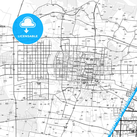Kaifeng, China light map with streetnames, citynames and districts