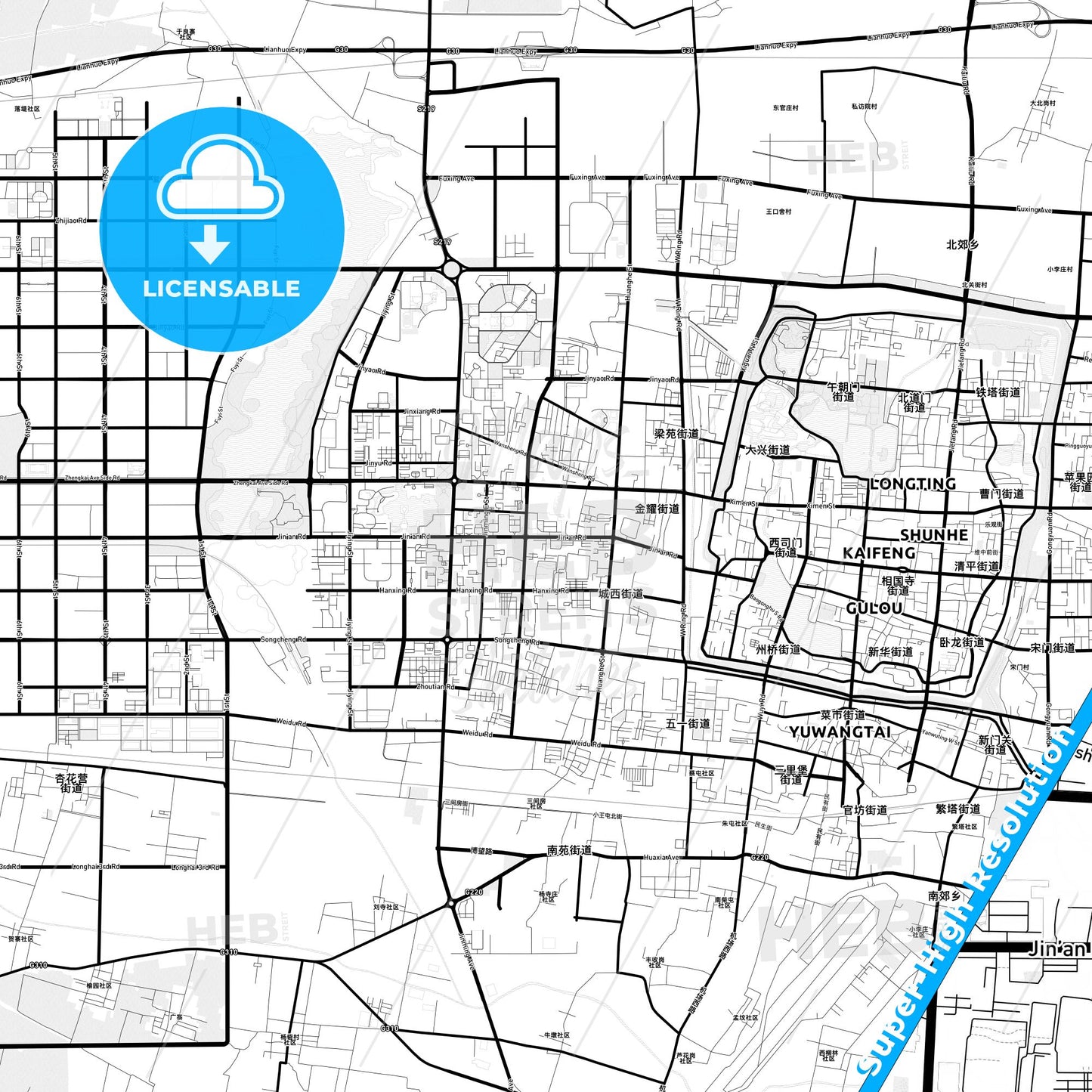 Kaifeng, China Light Map with Street Names, City Names, and Districts