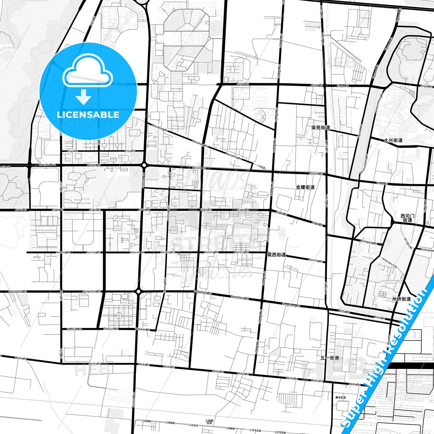 Kaifeng, China Light Map with Street Names, City Names, and Districts