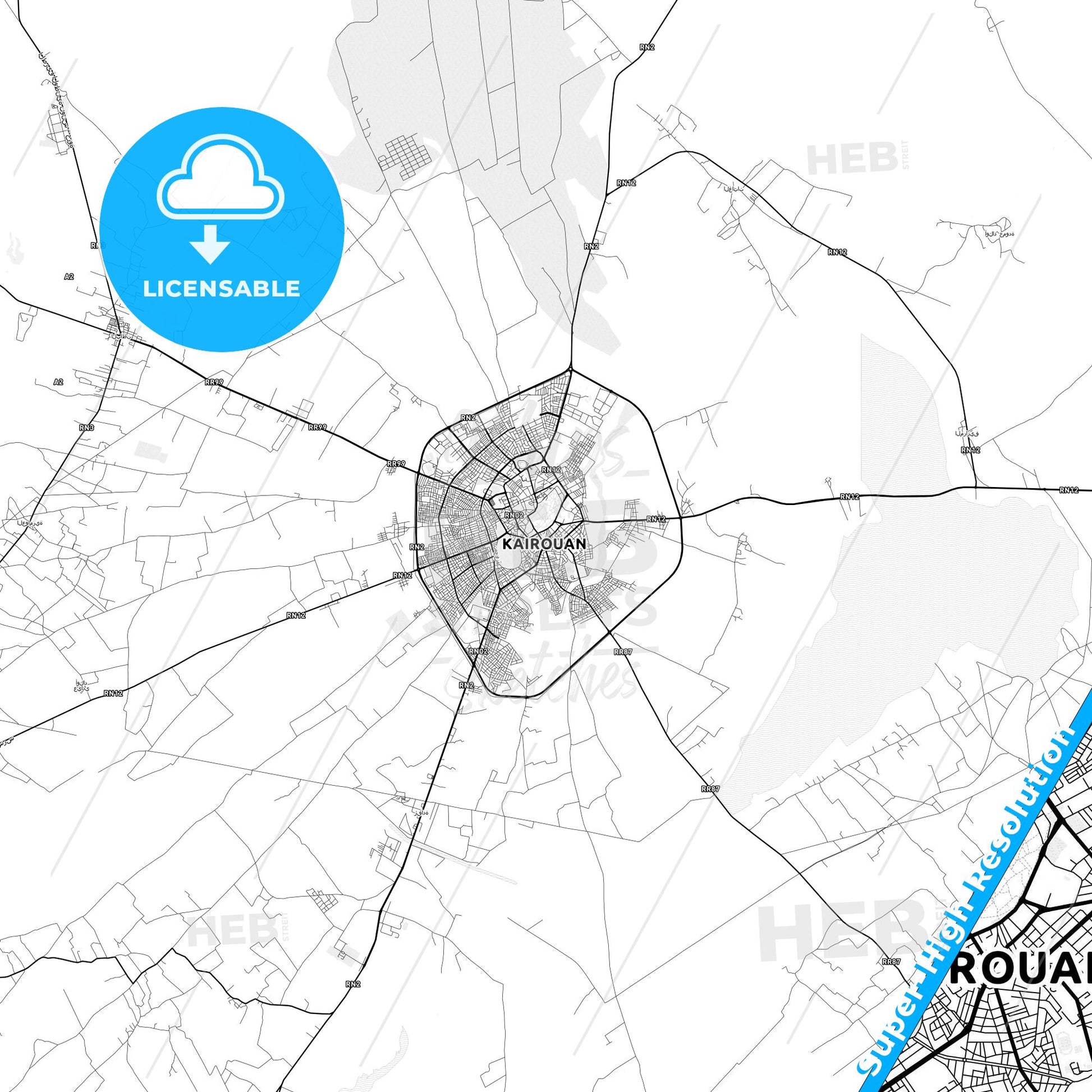 Kairouan, Tunisia light map with streetnames, citynames and districts