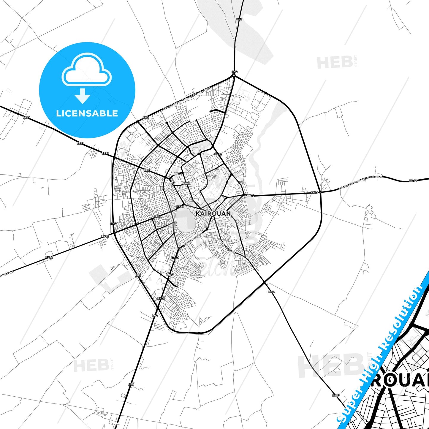 Kairouan, Tunisia Light Map with Street Names, City Names, and Districts