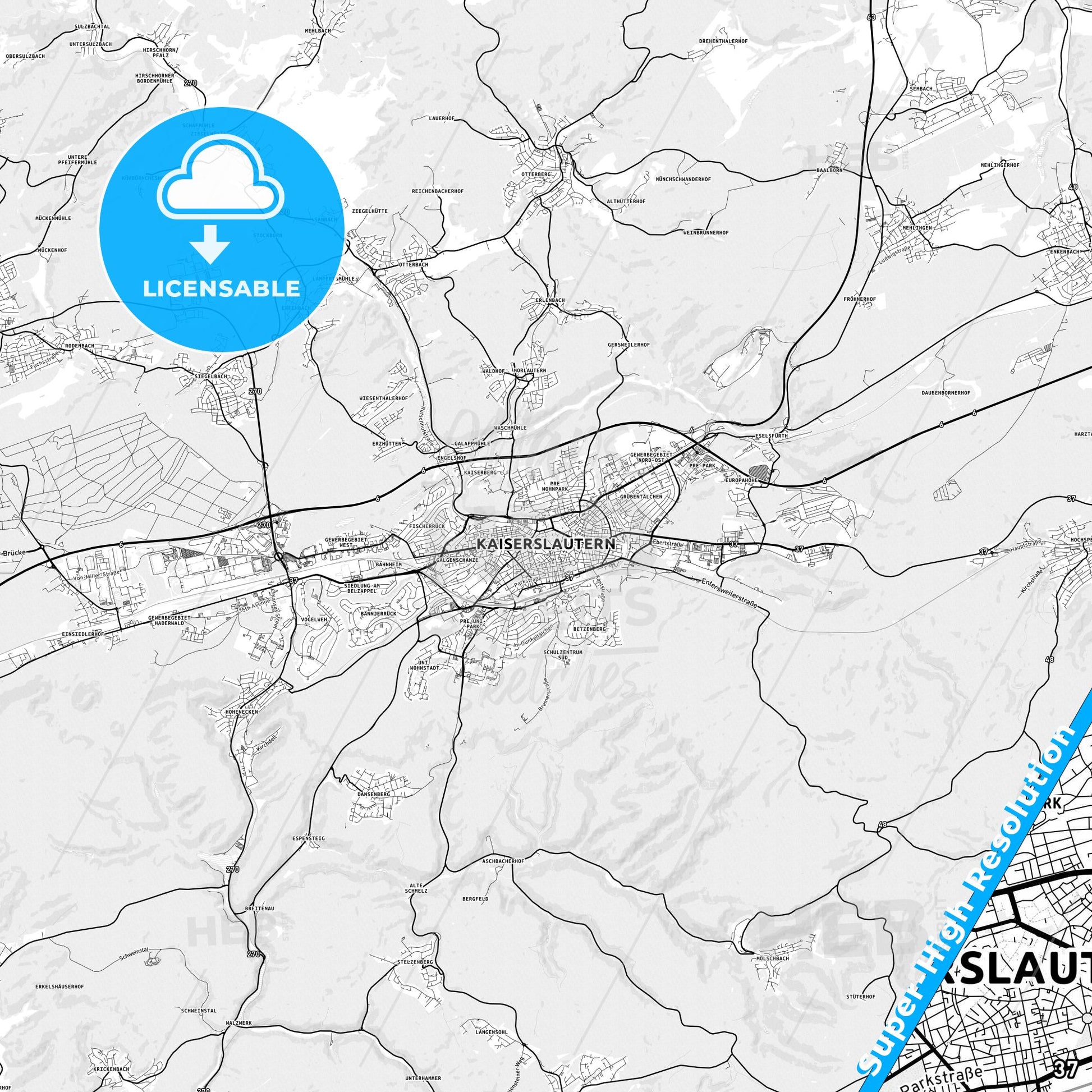 Kaiserslautern, Germany light map with streetnames, citynames and districts