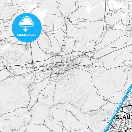 Kaiserslautern, Germany light map with streetnames, citynames and districts