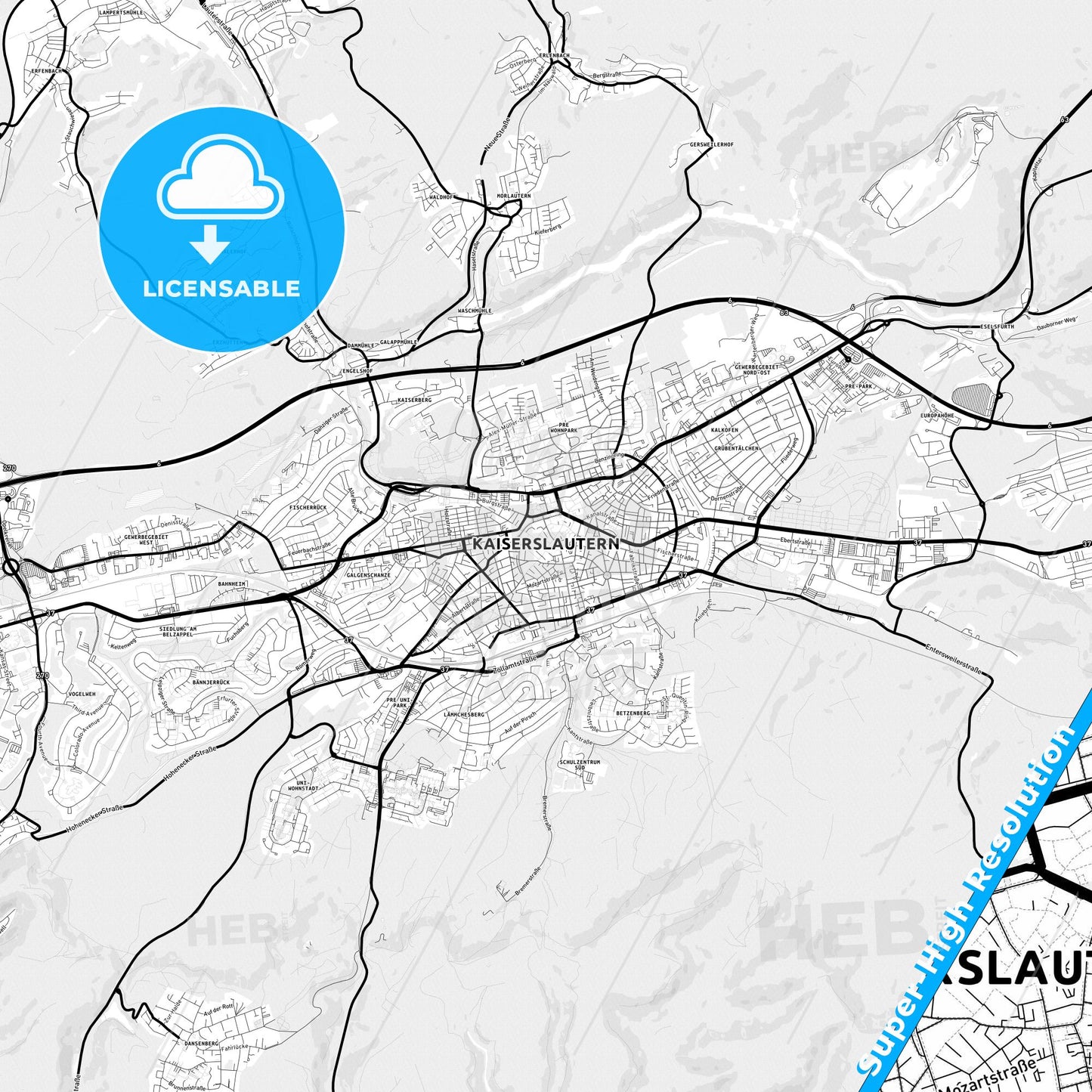 Kaiserslautern, Germany Light Map with Street Names, City Names, and Districts