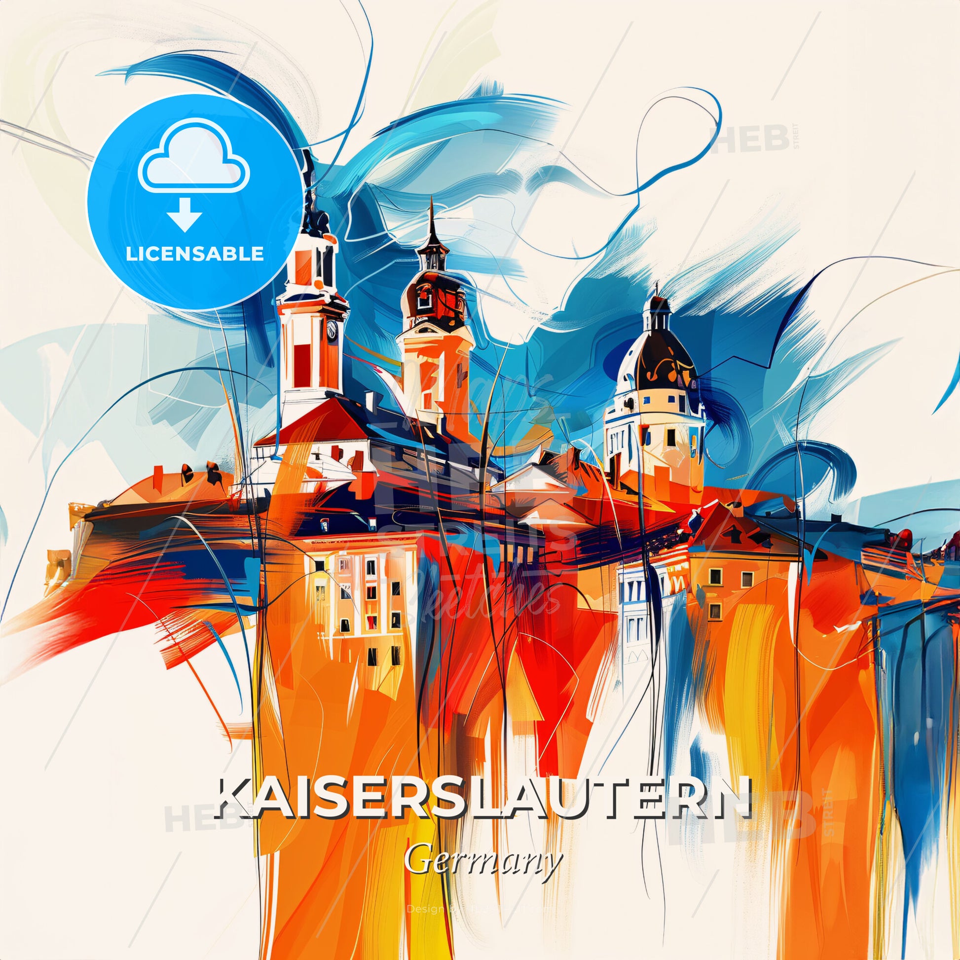 Vibrant Kaiserslautern, Germany - A Painting Of A Building With Towers And A Blue And Orange Background - Square format print template