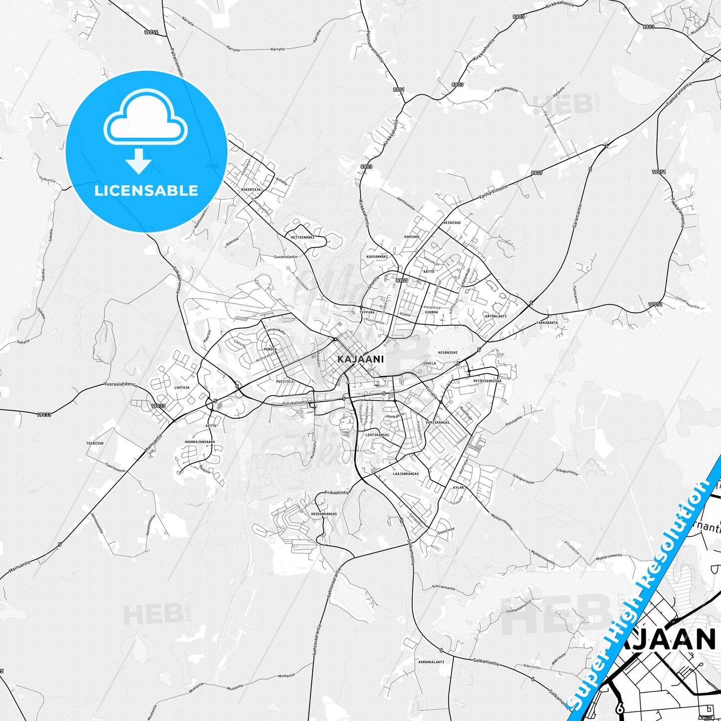 Kajaani, Finland light map with streetnames, citynames and districts