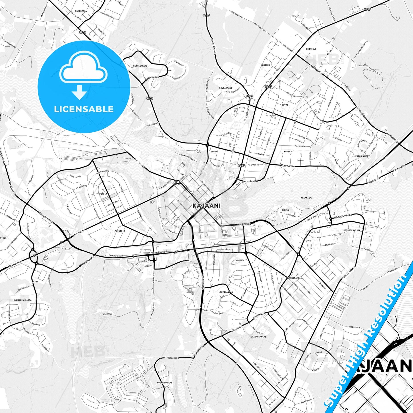 Kajaani, Finland Light Map with Street Names, City Names, and Districts