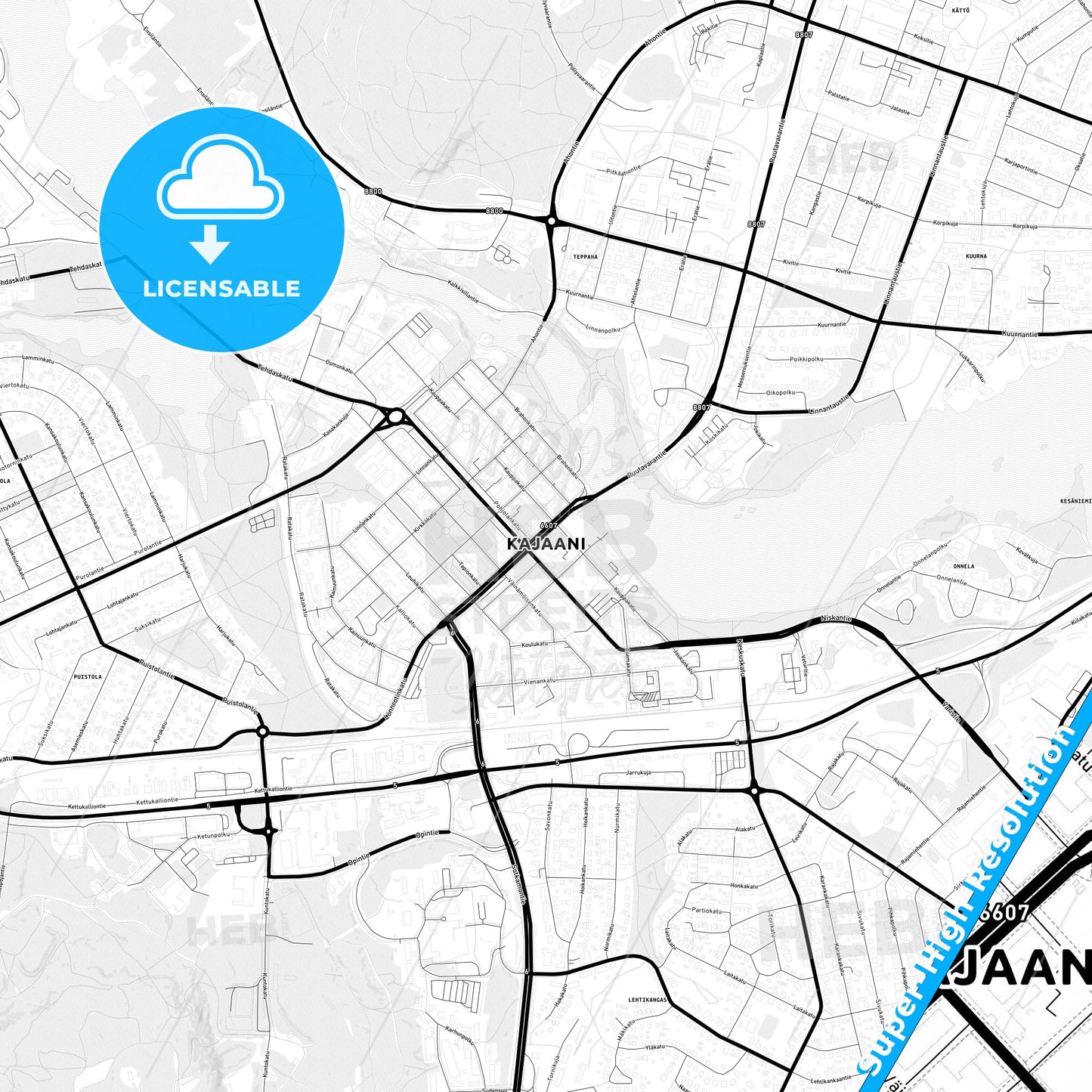 Kajaani, Finland Light Map with Street Names, City Names, and Districts