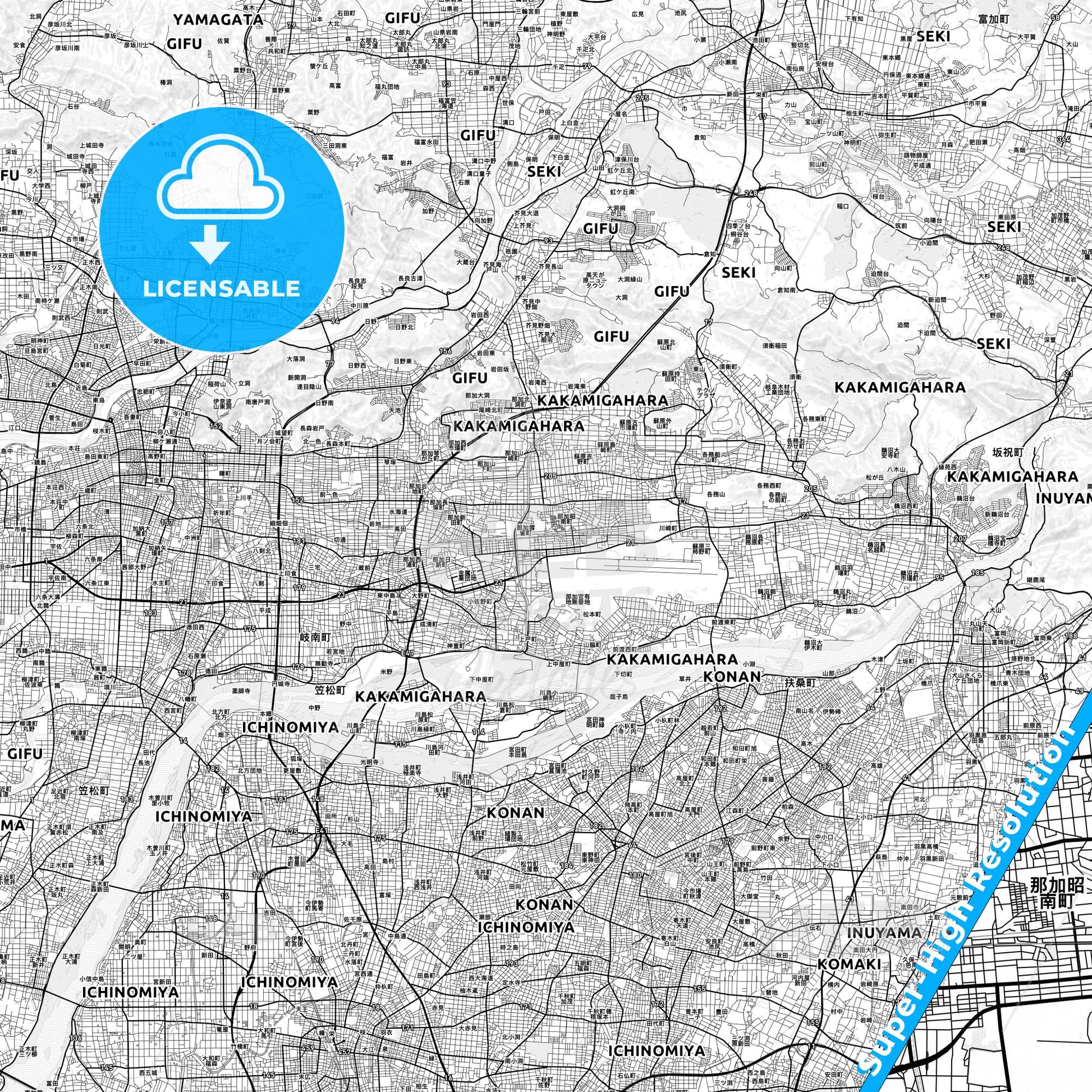 Kakamigahara, Japan light map with streetnames, citynames and districts