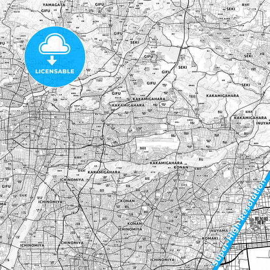 Kakamigahara, Japan light map with streetnames, citynames and districts