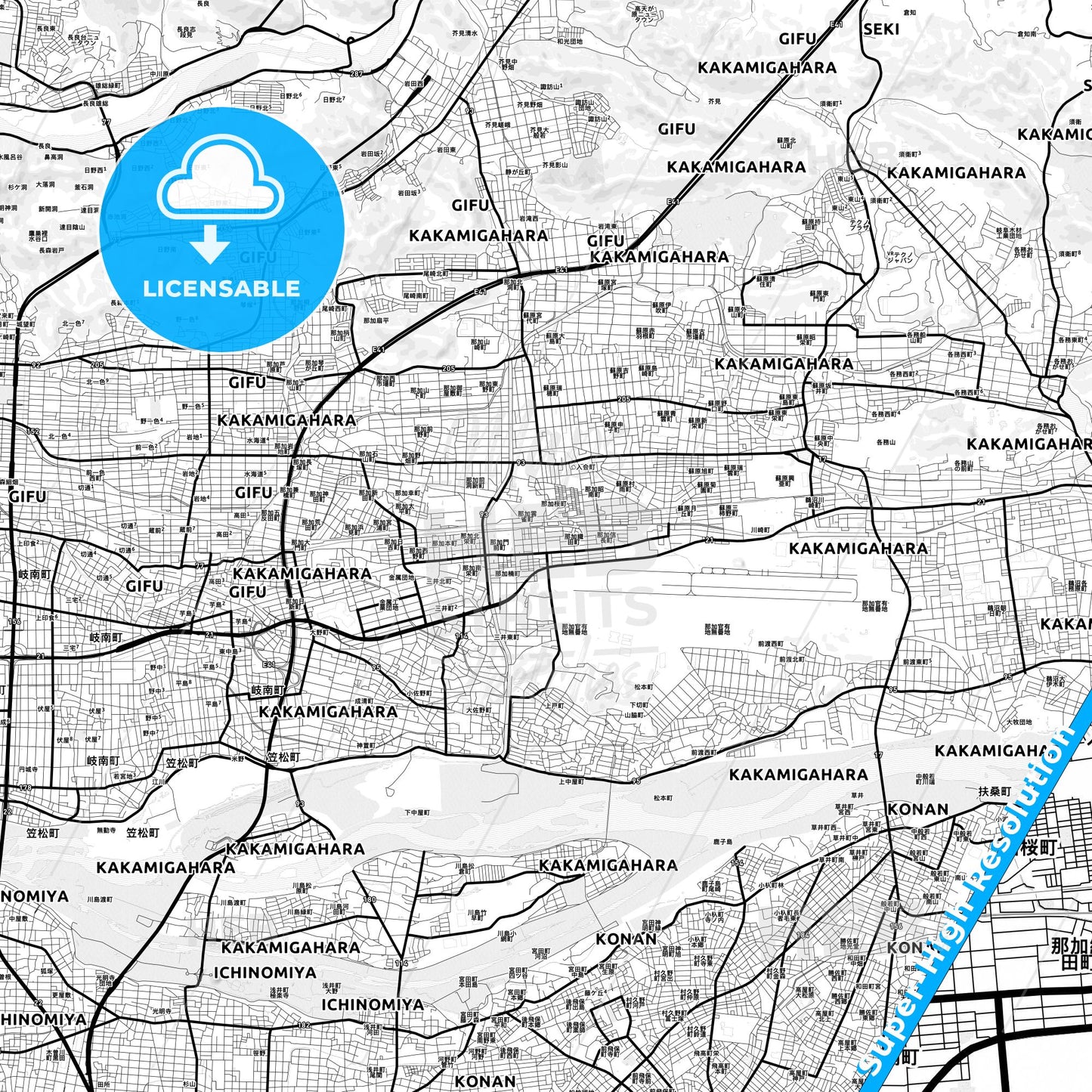 Kakamigahara, Japan Light Map with Street Names, City Names, and Districts