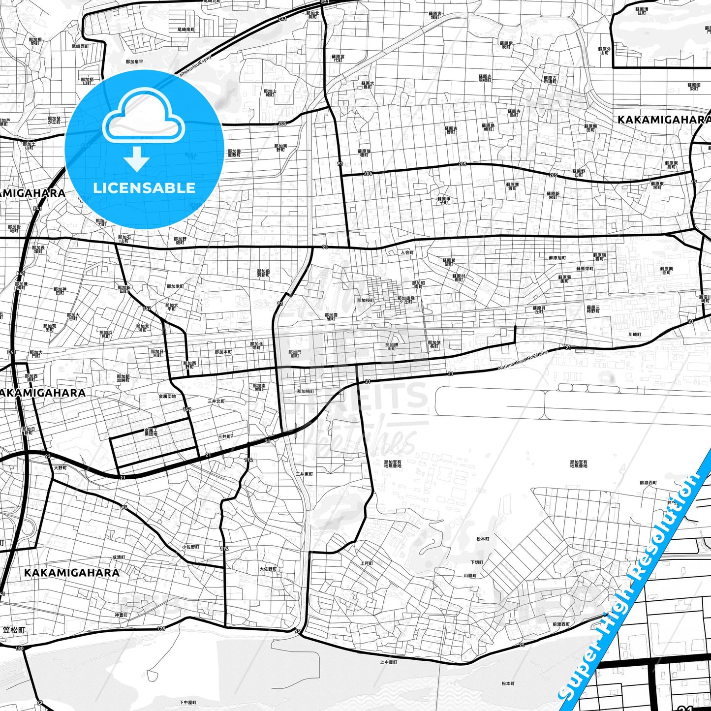 Kakamigahara, Japan Light Map with Street Names, City Names, and Districts