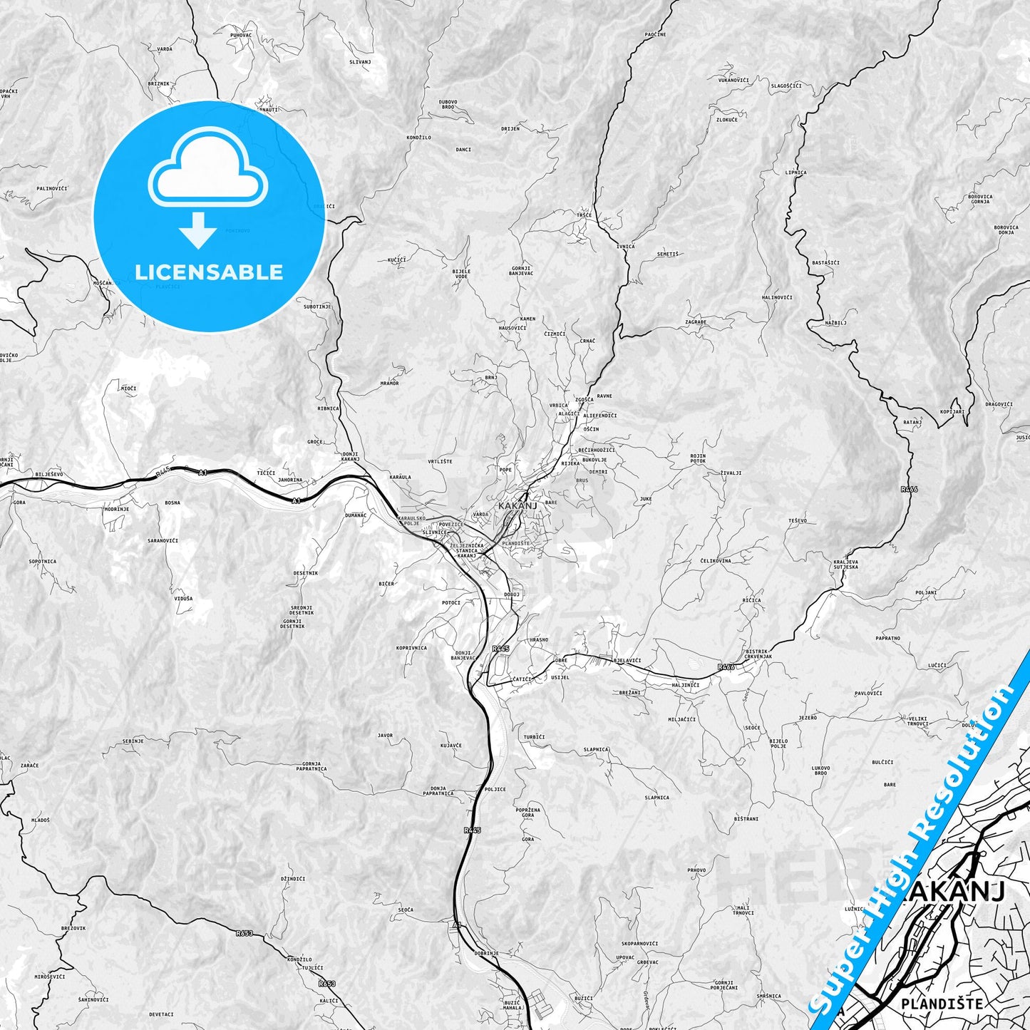 Kakanj, Bosnia and Herzegovina light map with streetnames, citynames and districts