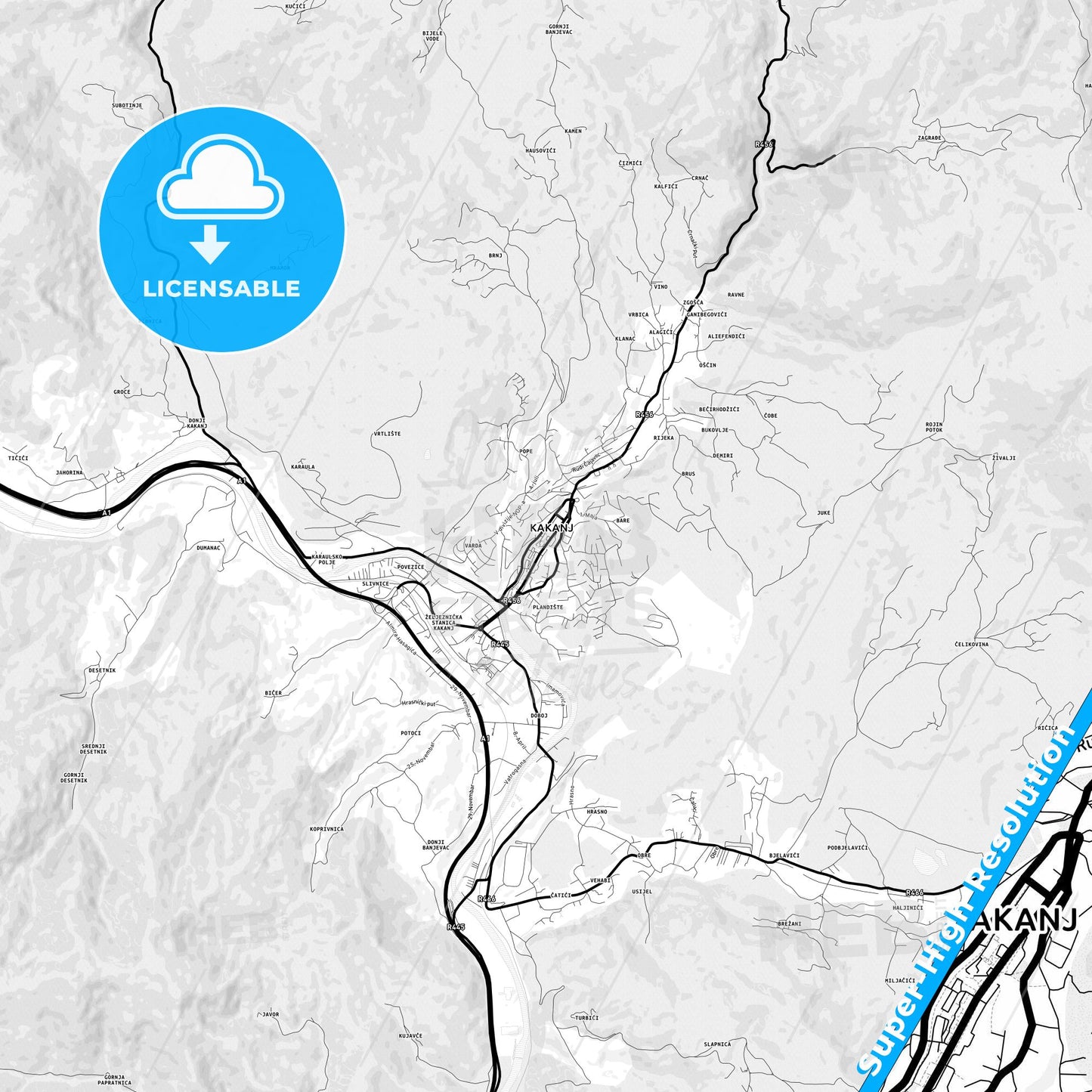 Kakanj, Bosnia and Herzegovina Light Map with Street Names, City Names, and Districts