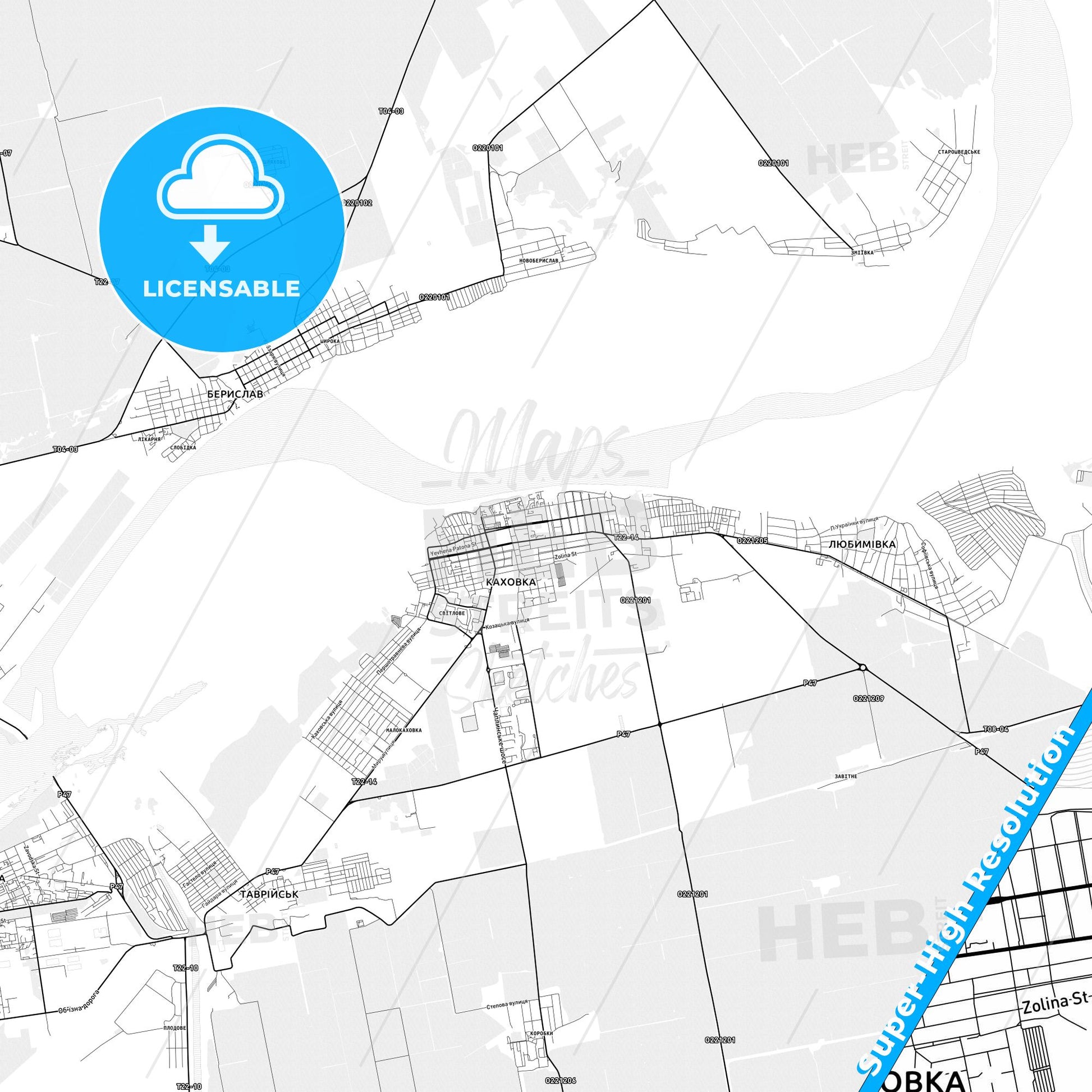 Kakhovka, Ukraine light map with streetnames, citynames and districts