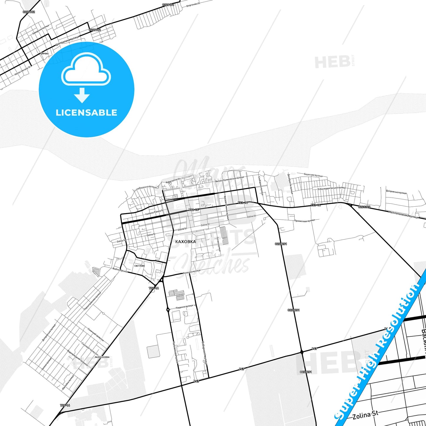Kakhovka, Ukraine Light Map with Street Names, City Names, and Districts