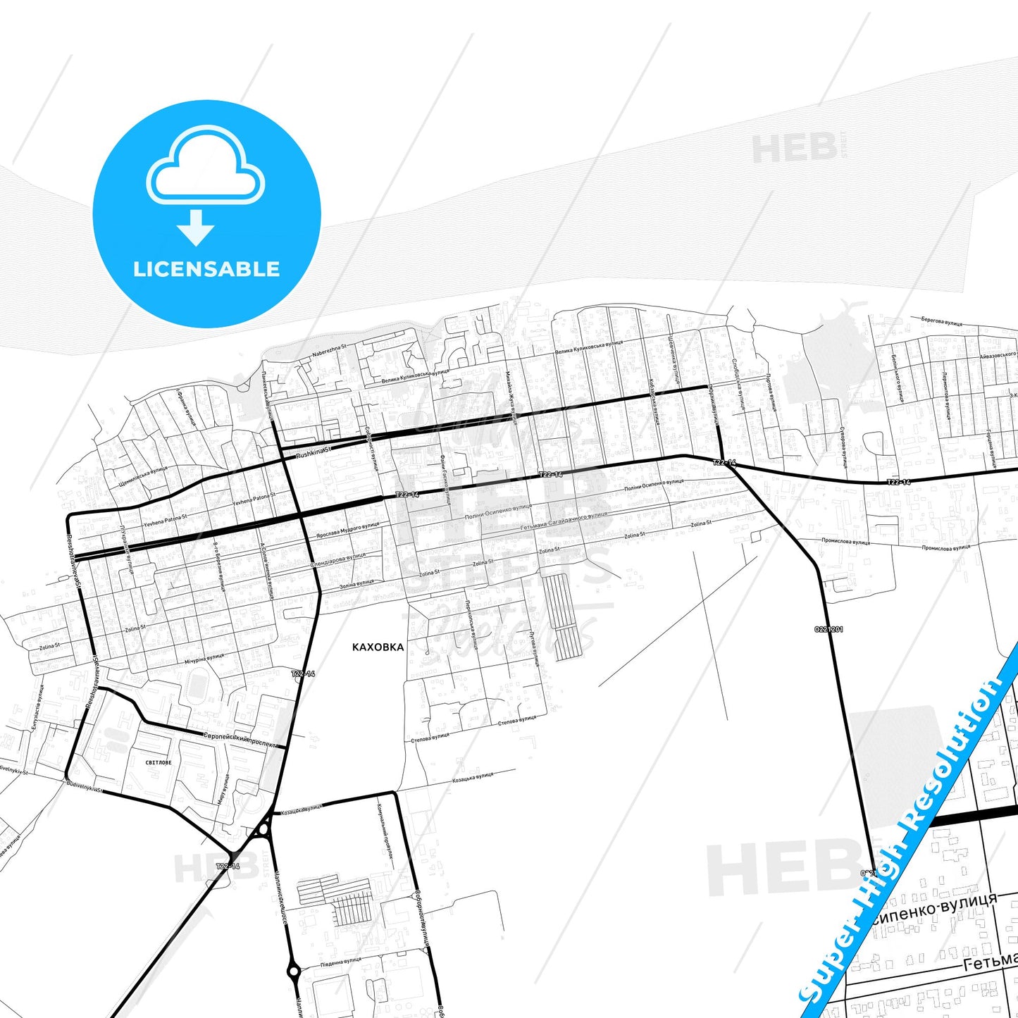 Kakhovka, Ukraine Light Map with Street Names, City Names, and Districts