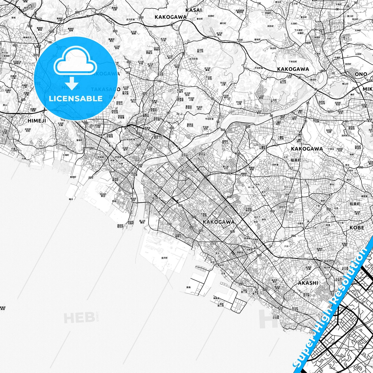 Kakogawa, Japan light map with streetnames, citynames and districts
