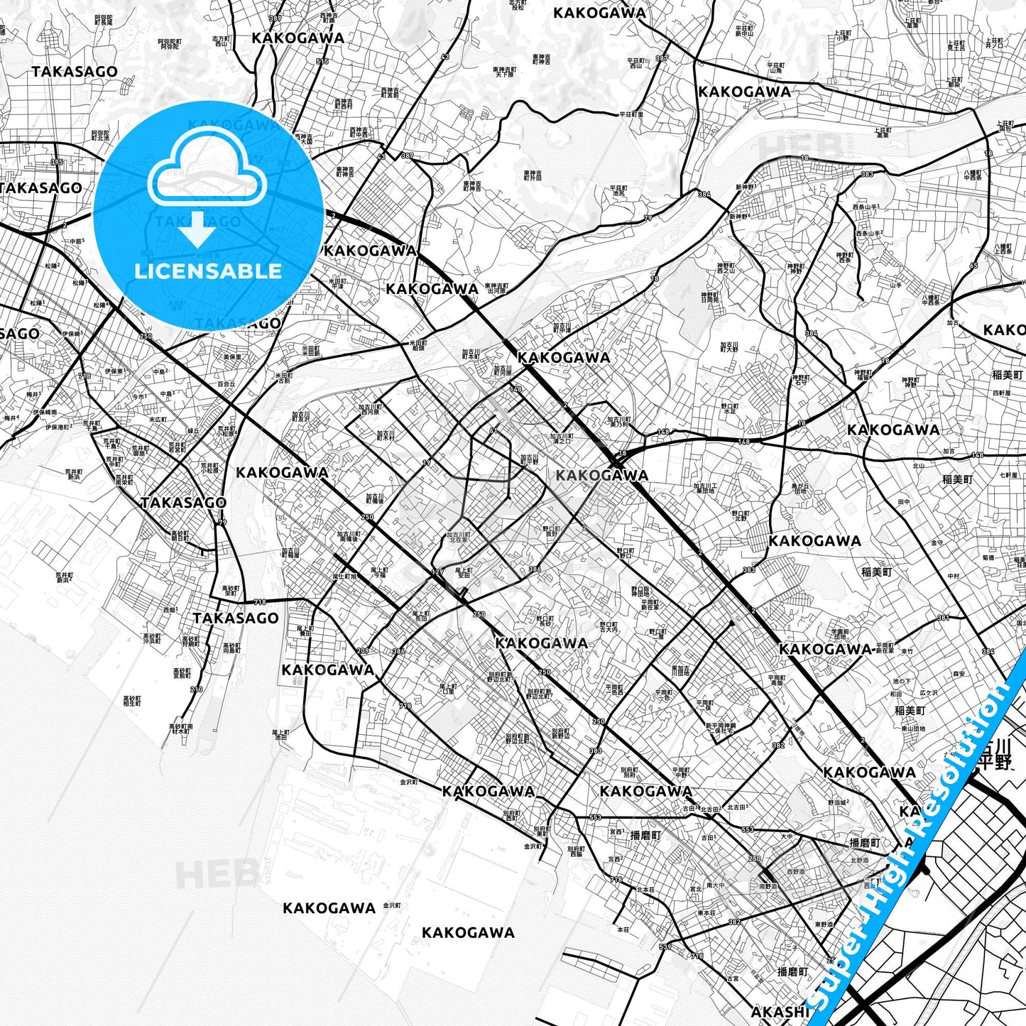 Kakogawa, Japan Light Map with Street Names, City Names, and Districts